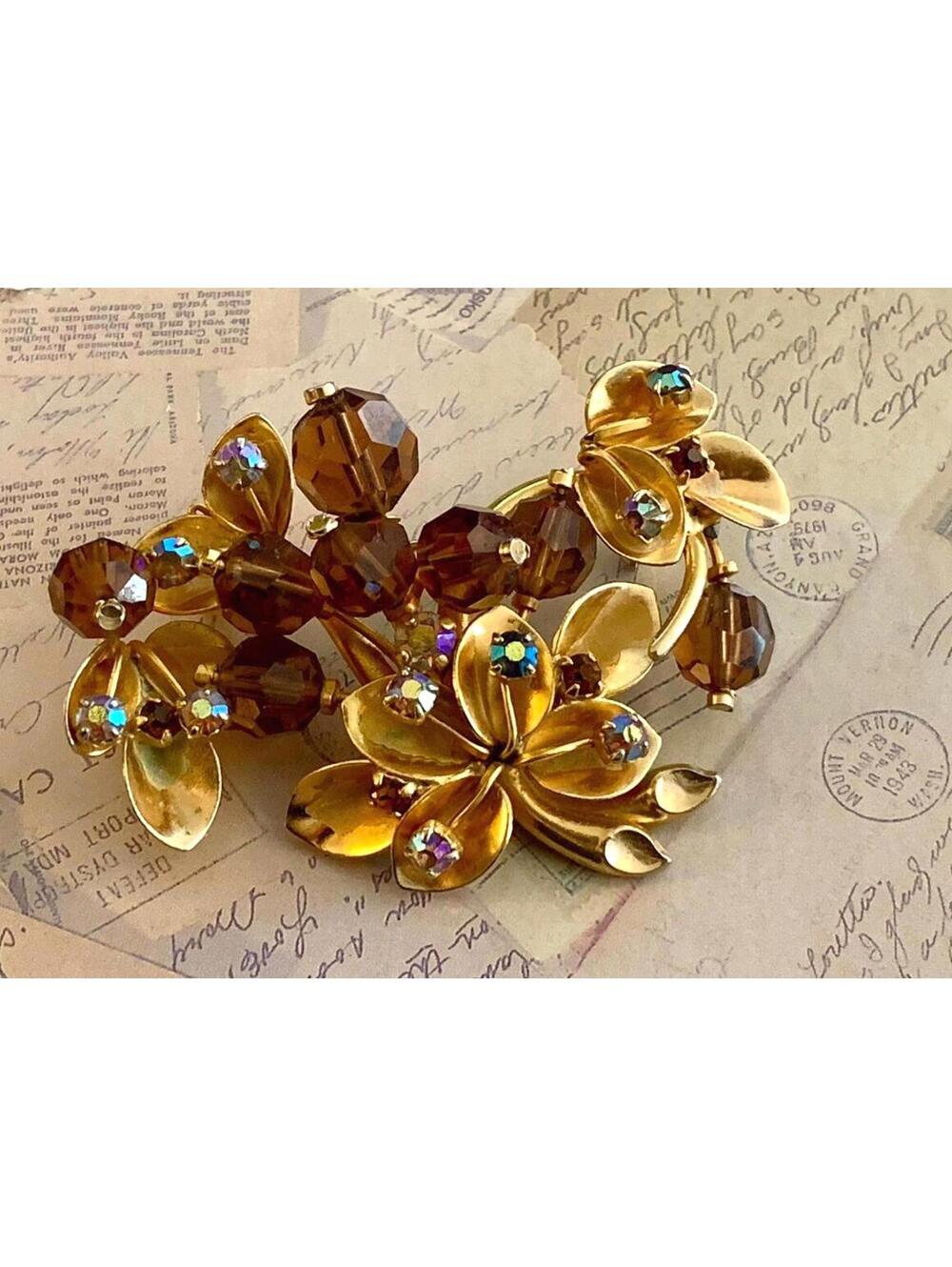 Vintage Austria Crystal Brooch Smoky Amber AB Rhinestone Floral Pin
